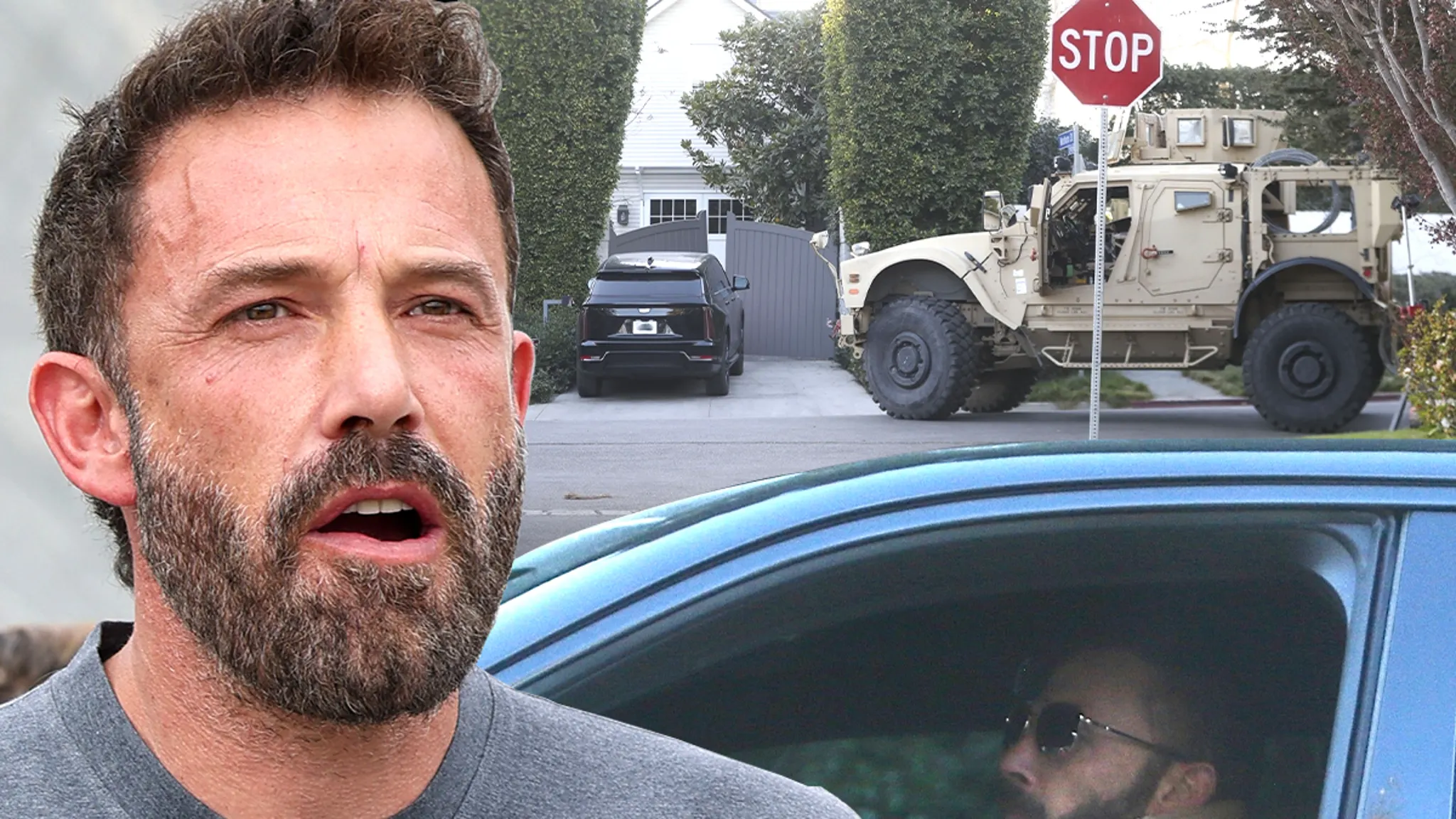 Ben Affleck se întoarce acasă și găsește un vehicul militar uriaș parcat afară.