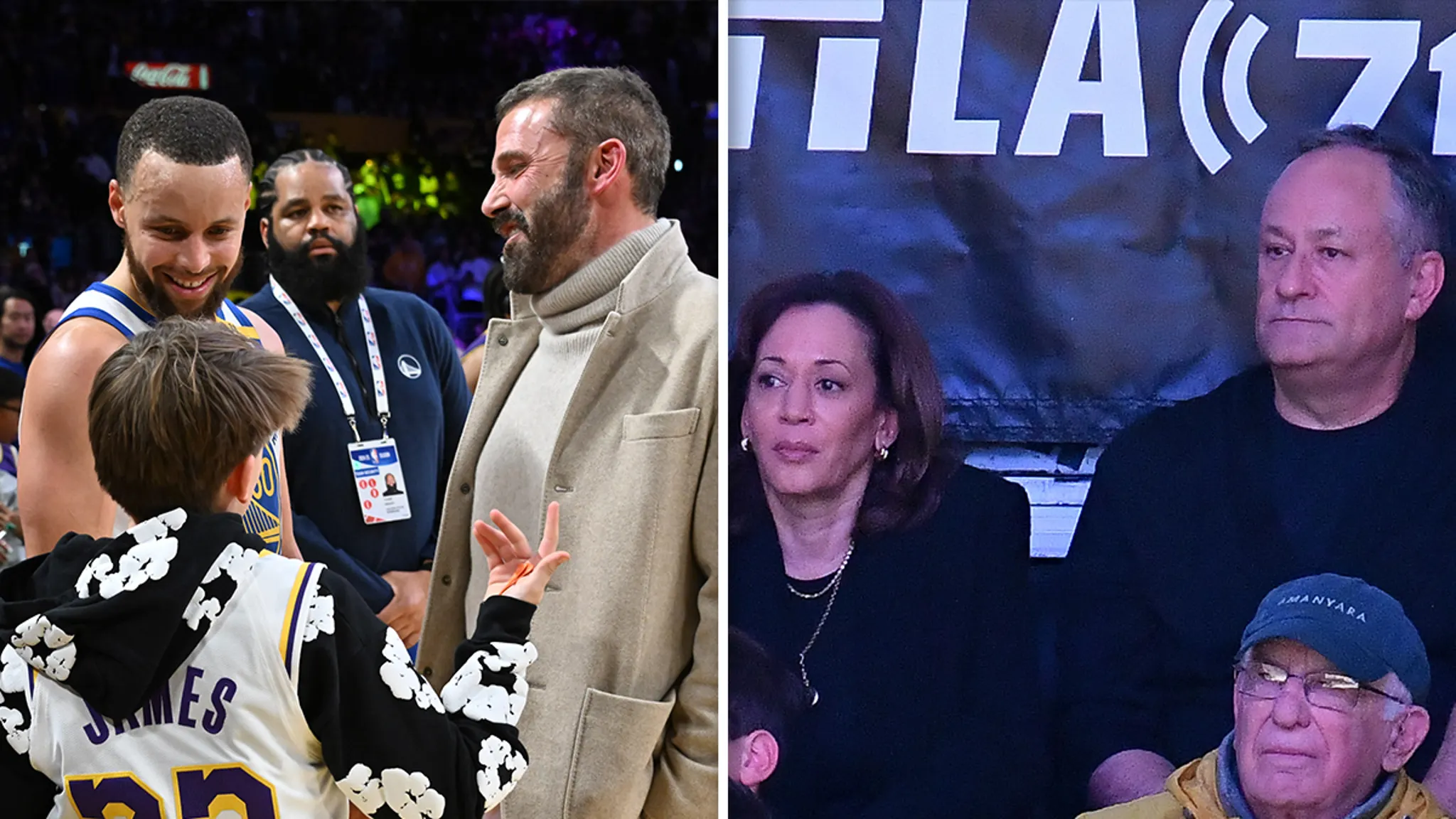 Ben Affleck se întâlnește cu Steph Curry la meciul Lakers, Kamala Harris privește.